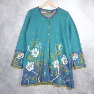 Gudrun Sjoden Cardigan Sweater Womens Large Blue Teal Floral Mid Length Cotton